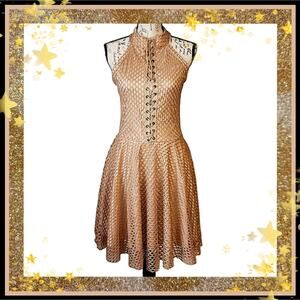 UNIQUE ☆ SEXY GOLD FISHNET SKATER DRESS ☆ L ☆ NWT